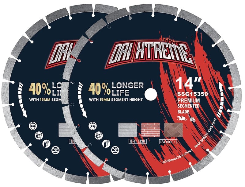 ORIXTREME 14 Inch Diamond Concrete Saw Blade 2Pcs, Segmented General Purpose Blade Dry/Wet Cutting Concrete, Reinforced Concrete, Masonry, Brick, Block,1"-20mm Arbor - Image 1